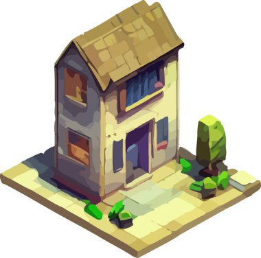 Özel bir evin izometrik görüntüsü. Düşük polimerli. Vektör illüstrasyonu