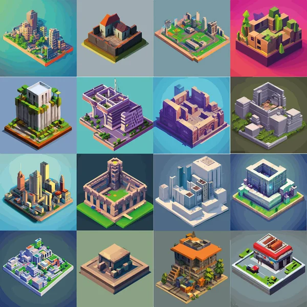 Vektorisometrisches Low Poly City Set Vektorillustration — Stockvektor