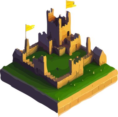 Vektör izometrik orta çağ düşük polyester kalesi. - Evet. Vektör illüstrasyonu