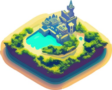 Bir ortaçağ şatosunun vektörünün izdüşümü. Vektör illüstrasyonu