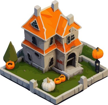 Bir evin vektör izometrik çizimi, Cadılar Bayramı 3D. Beyaz arka planda izole edin. Vektör illüstrasyonu