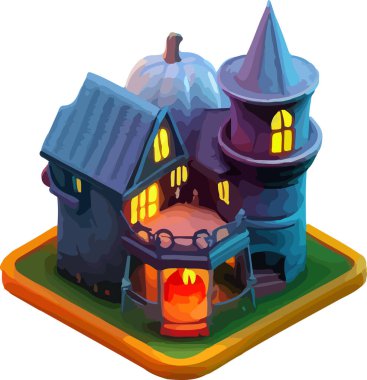 Bir evin vektör izometrik çizimi, Cadılar Bayramı 3D. Beyaz arka planda izole edin. Vektör illüstrasyonu