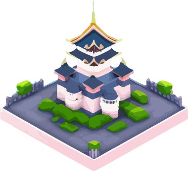 Vektör izometrik düşük polyester Japon kalesi. Vektör illüstrasyonu