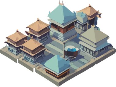 Vektör izometrik düşük polyester Japon kalesi. Vektör illüstrasyonu