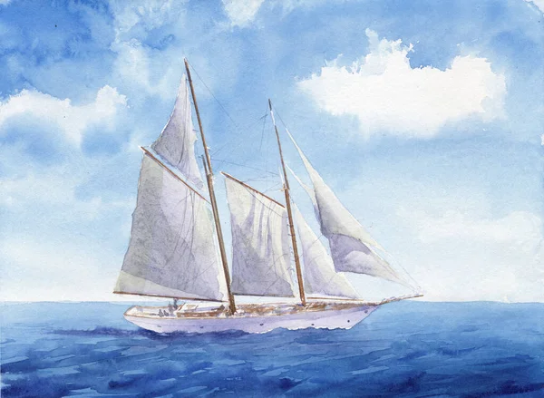 Watercolor Painted Scene Single Old Fashioned Sail Boat Deep Blue — Stock Photo, Image