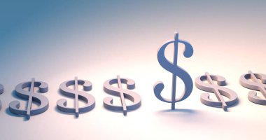 Bir dolar işareti arka arkaya geliyor. Diğer dolar işaretleri gitti. Beyaz arka planda. Kopyalama alanı olan 8K resim.