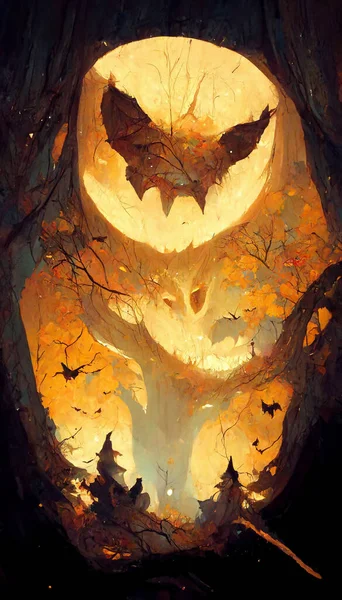 Pumpkin ghost bat in the forest 3D illustration