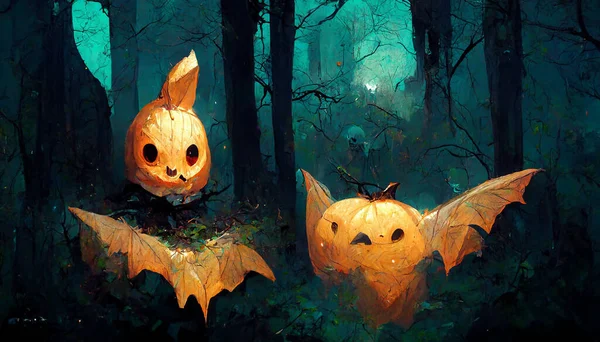 Pumpkin ghost bat in the forest 3D illustration