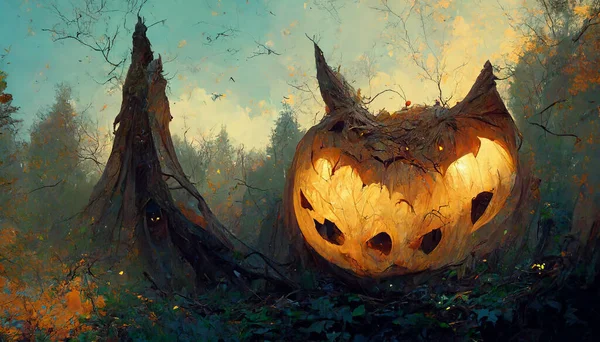 Pumpkin ghost bat in the forest 3D illustration