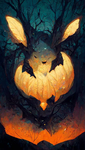 Pumpkin ghost bat in the forest 3D illustration