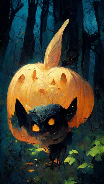 Pumpkin ghost bat in the forest 3D illustration