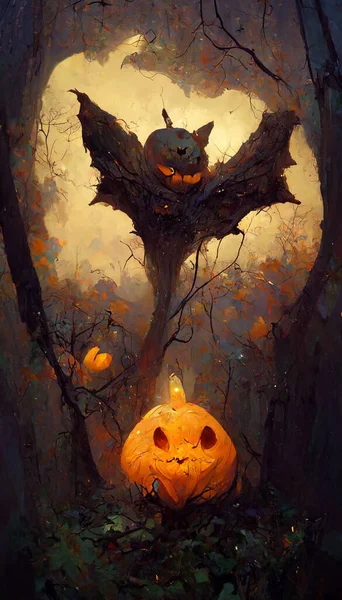 Pumpkin ghost bat in the forest 3D illustration