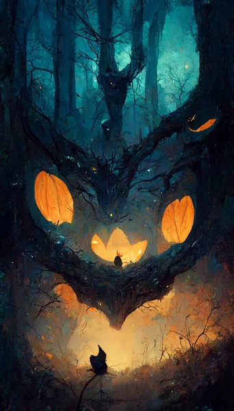 Pumpkin ghost bat in the forest 3D illustration