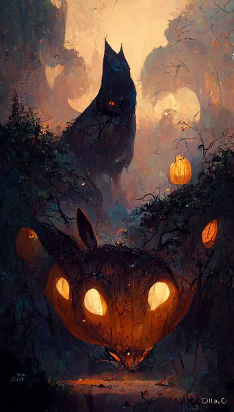 Pumpkin ghost bat in the forest 3D illustration