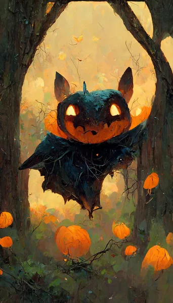 Pumpkin ghost bat in the forest 3D illustration