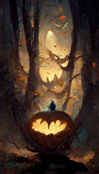 Pumpkin ghost bat in the forest 3D illustration