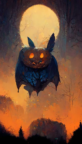 Pumpkin ghost bat in the forest 3D illustration