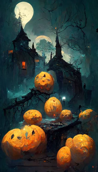 Halloween theme with pumpkins in the dark night 3D illustration