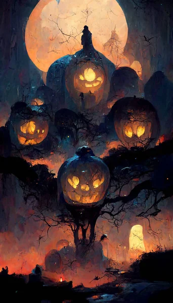 Halloween theme with pumpkins in the dark night 3D illustration