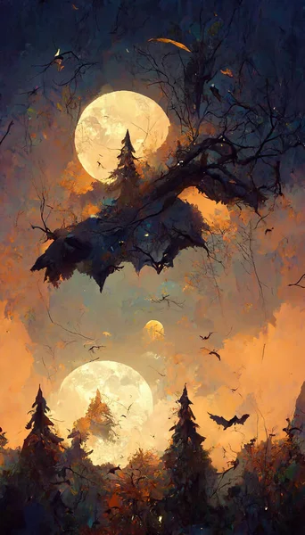 halloween forest theme bat flying moonlight 3D illustration