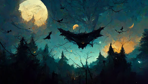 halloween forest theme bat flying moonlight 3D illustration