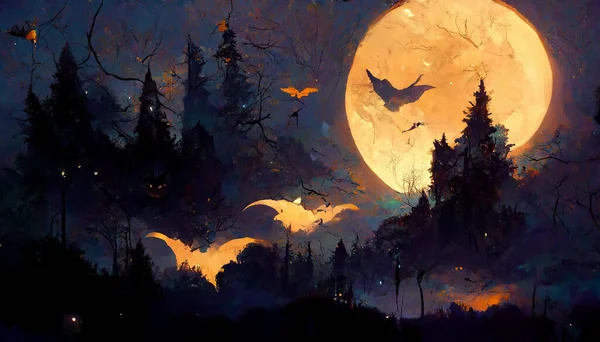 halloween forest theme bat flying moonlight 3D illustration