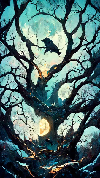 halloween forest theme bat flying moonlight 3D illustration