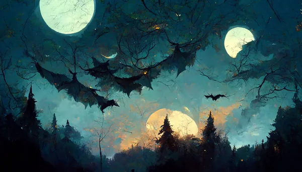 halloween forest theme bat flying moonlight 3D illustration