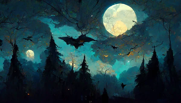 halloween forest theme bat flying moonlight 3D illustration