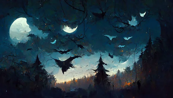 halloween forest theme bat flying moonlight 3D illustration