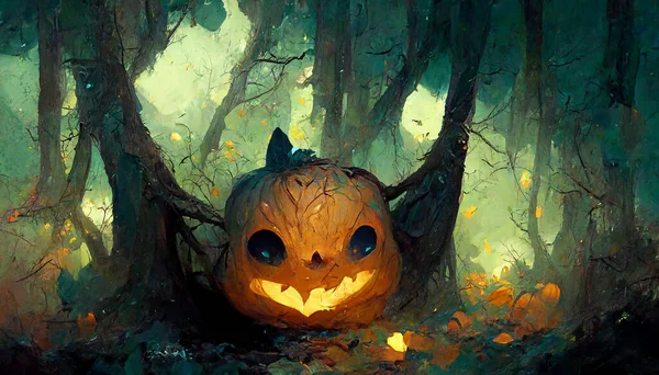 Pumpkin ghost bat in the forest 3D illustration