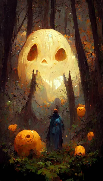 Pumpkin ghost in the forest 3D illustration