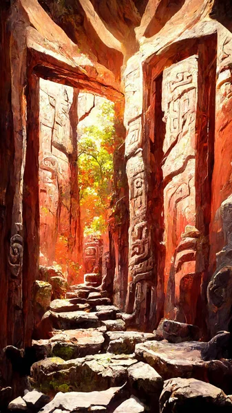 forest Mayan style stone door 3D illustration