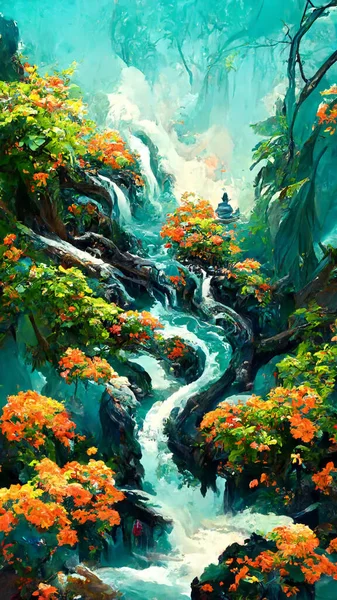 forest Mayan style riverside flowers and trees 3D illustration