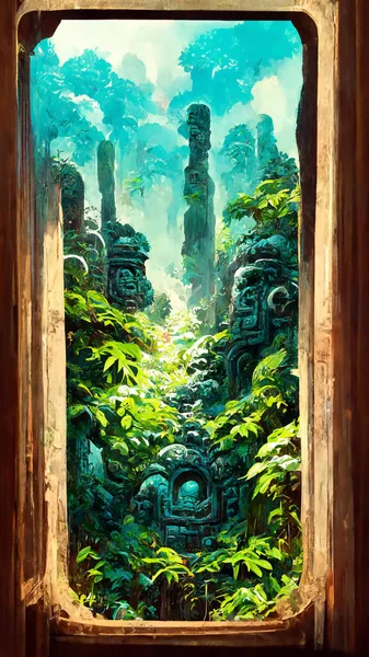 forest Mayan style door background 3D illustration