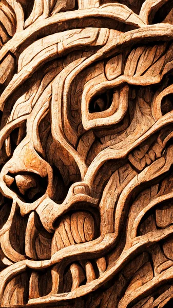 Mayan style abstract lion wood texture 3D illustration