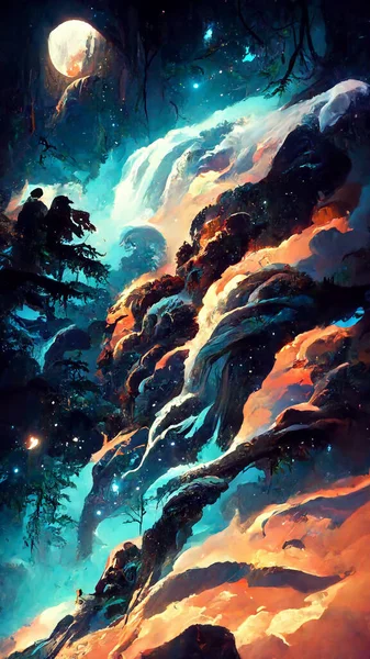 forest adventures in the night sky 3D illustration