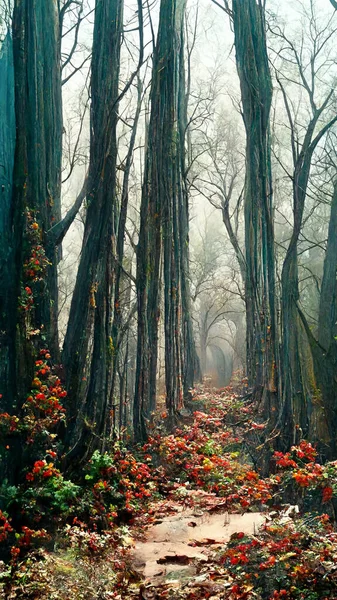 Panorama of foggy forest.in a misty day 3D illustration