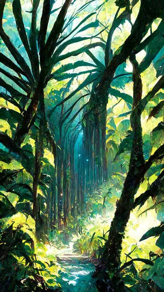 Tropical Rain forest Landscape Tropical forest in the night 3D illustration