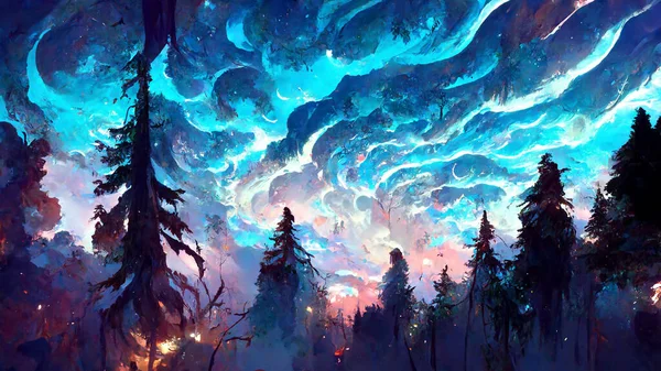 forest in the night sky 3D illustration