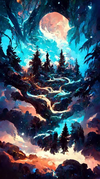 forest in the night sky 3D illustration