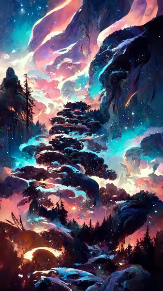 forest adventures in the night sky 3D illustration