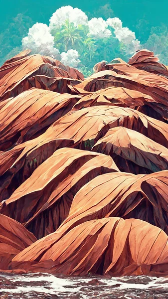 Pixel art landscape with tropics area for game des 3D illustration