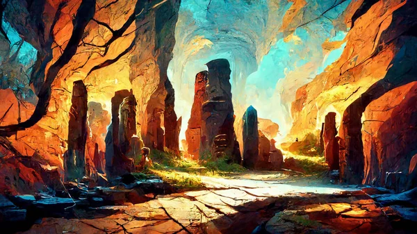 Wall paintings in caves concept background 3D illustration