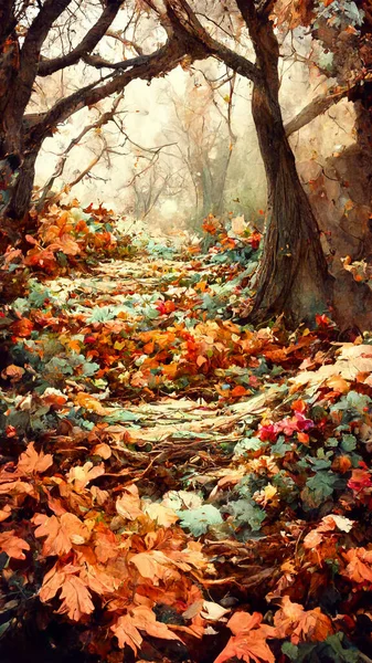 Beautiful ground covered with leaves 3D illustration