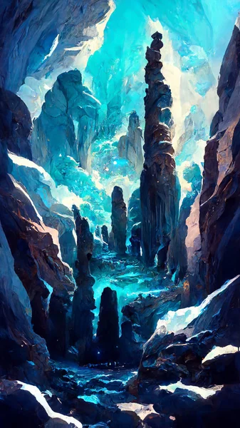 Blue mystical cave with the magic of sparkling crystals 3D illustration