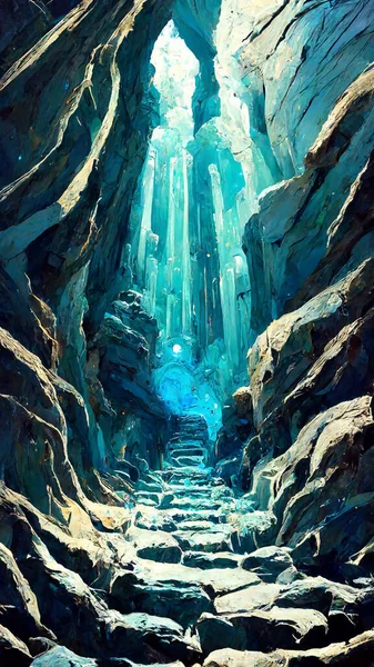 Blue mystical cave with the magic of sparkling crystals 3D illustration