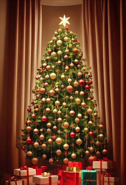 Many presents around the Christmas tree 3D illustration