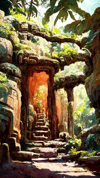 Mayan civilization forest land cave 3D illustration