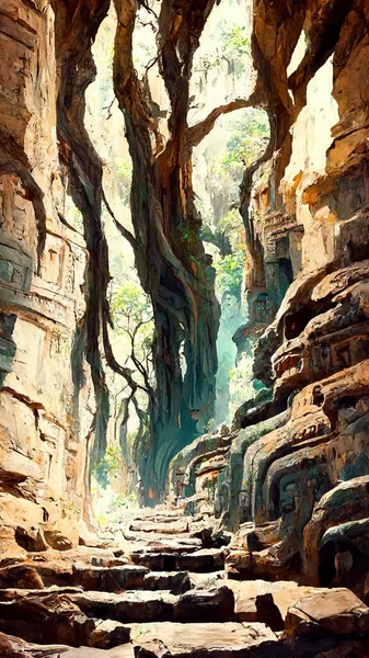 Mayan civilization forest land cave 3D illustration